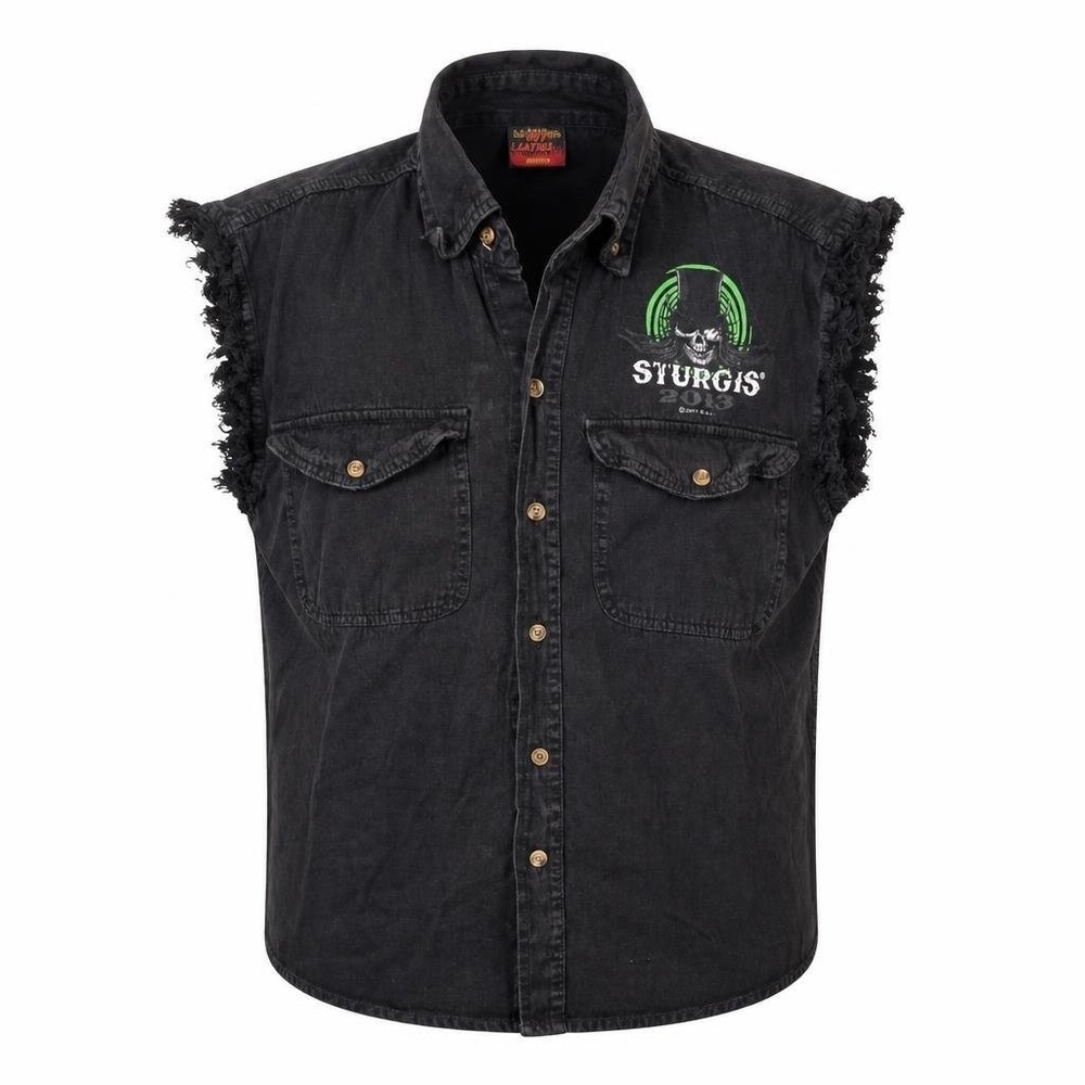 Sturgis Denim‎ Shirt Mens Medium Sleeveless Grunge Thrashed Biker Skull Retr